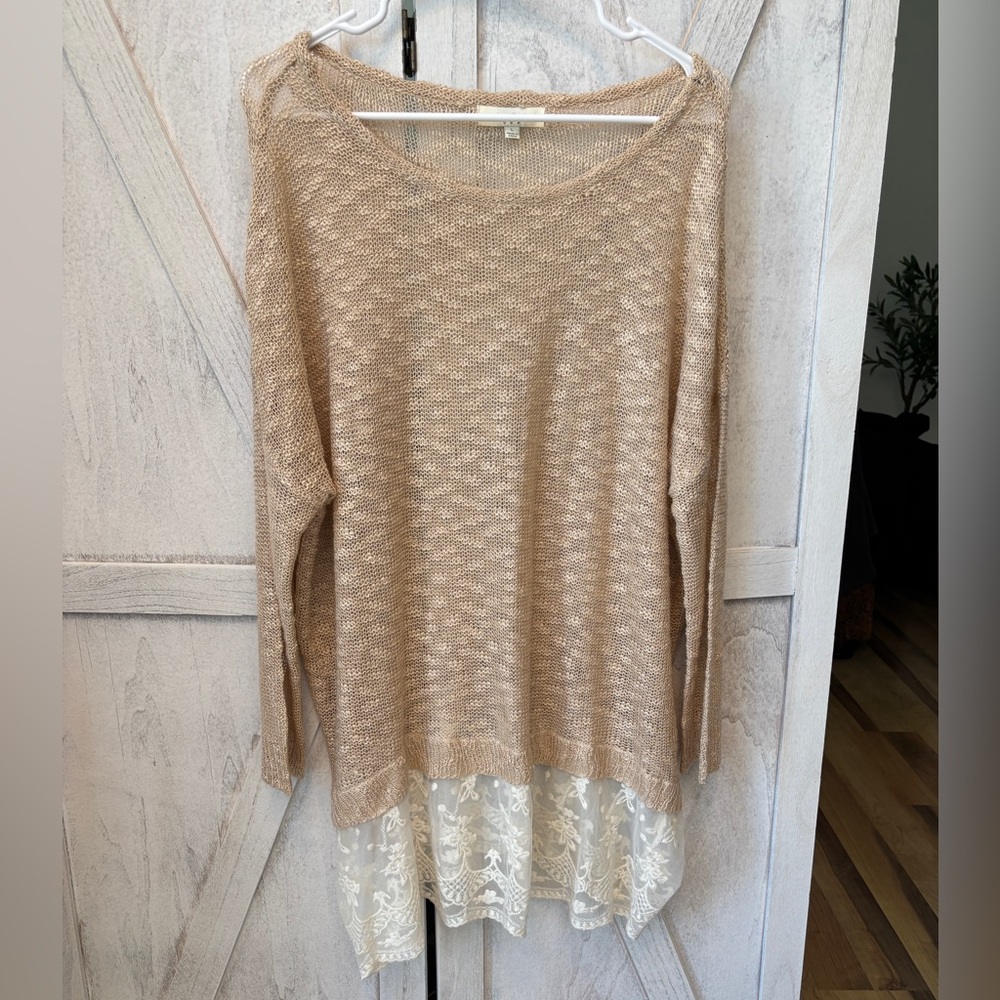 UMGEE Oversized Open Knit Lace Ruffle Sweater Women’s Large Beige Tunic Top - Picture 10 of 10